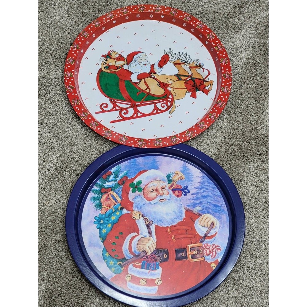 Vintage Christmas Serving Trays 12.5” Santa Claus and Reindeer Tin Metal Platter